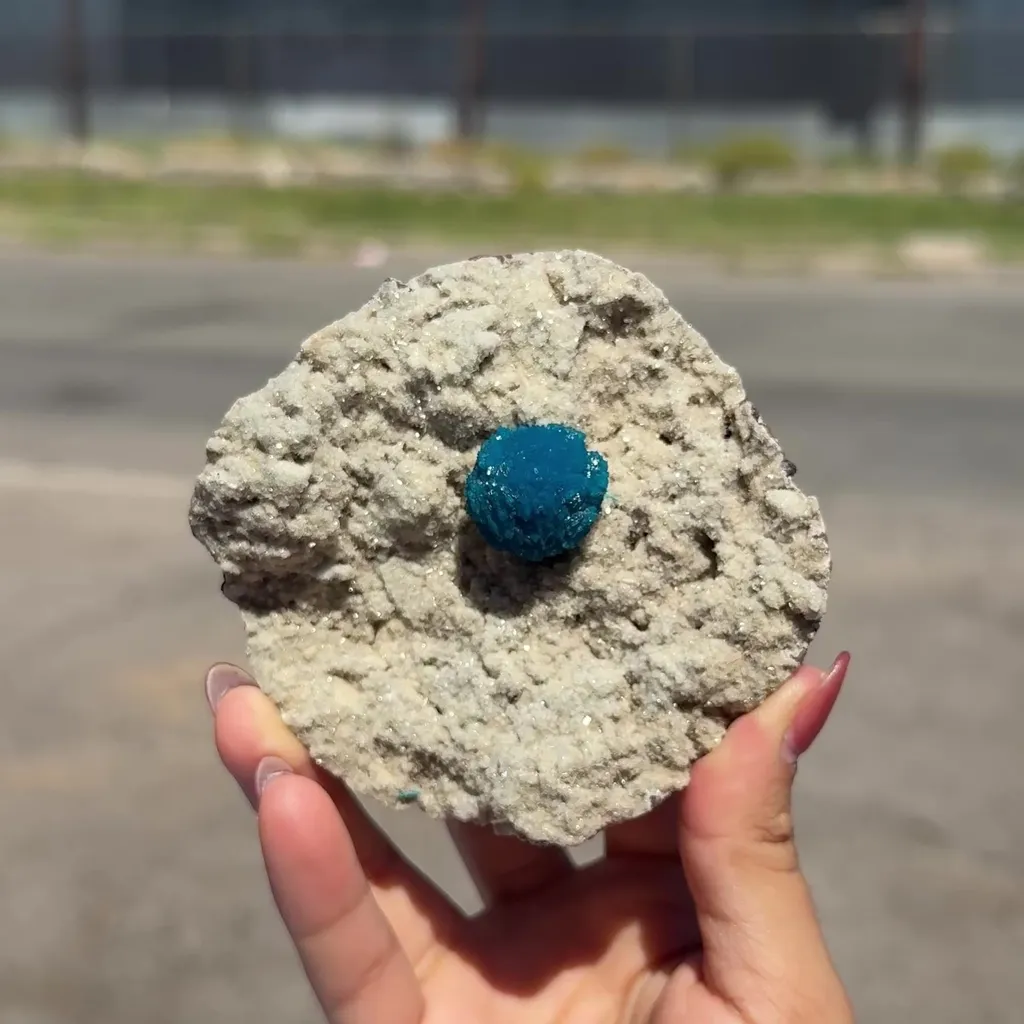 Electric-Blue Botryoidal Cavansite Rosette on Sparkling Heulandite Matrix – Rare Indian Zeolite Mineral Specimen from Pune - image 2