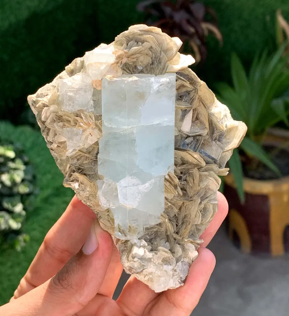 Elongated Blue Aquamarine Crystal on Muscovite Mica from Pakistan - image 4