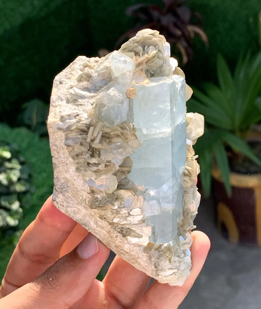 Elongated Blue Aquamarine Crystal on Muscovite Mica from Pakistan - image 8