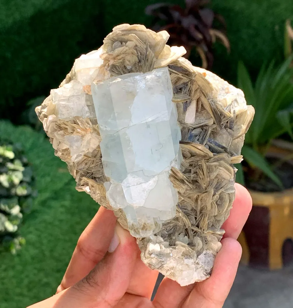 Elongated Blue Aquamarine Crystal on Muscovite Mica from Pakistan - image 6