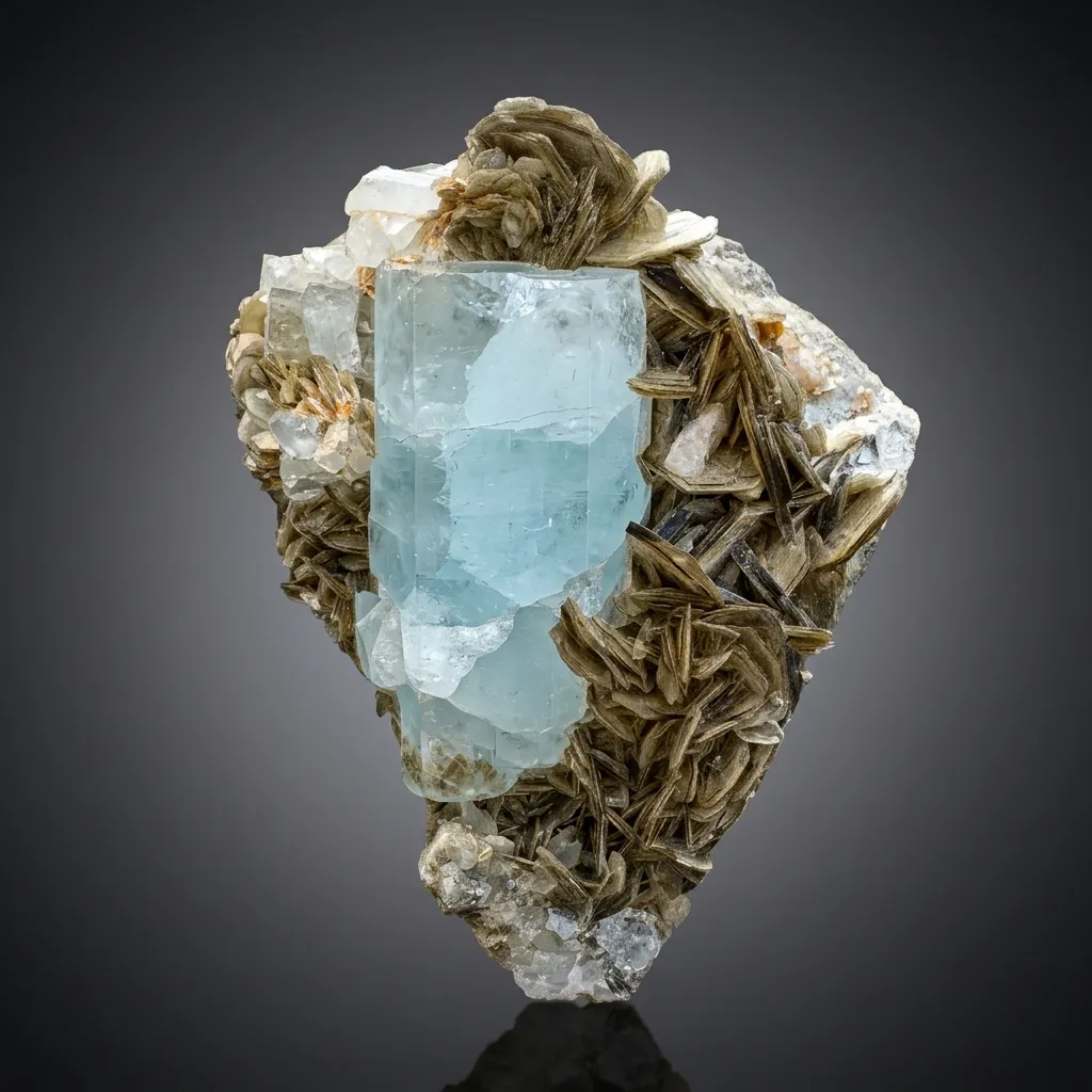 Elongated Blue Aquamarine Crystal on Muscovite Mica from Pakistan image