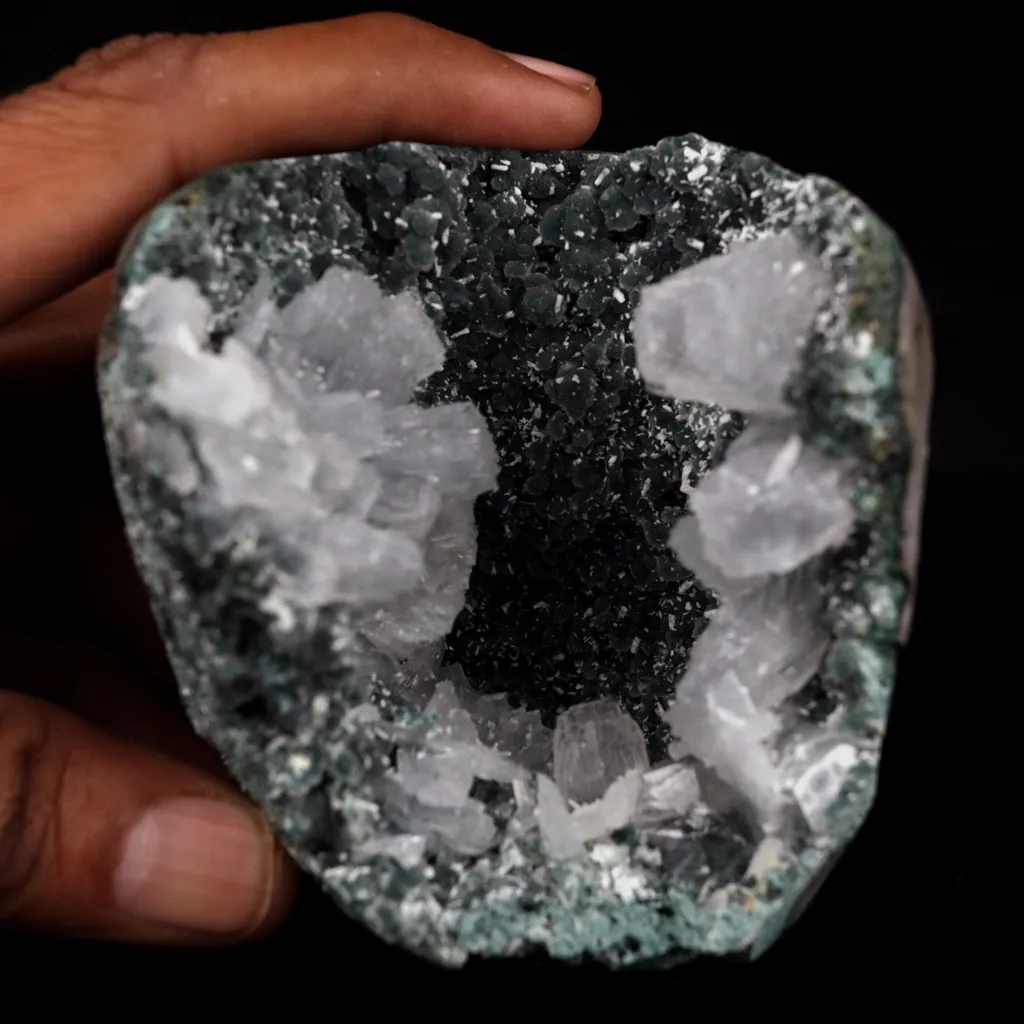 Epi-Stilbite Crystals Inside Black Chalcedony Geode Natural Mineral Specimen - image 4