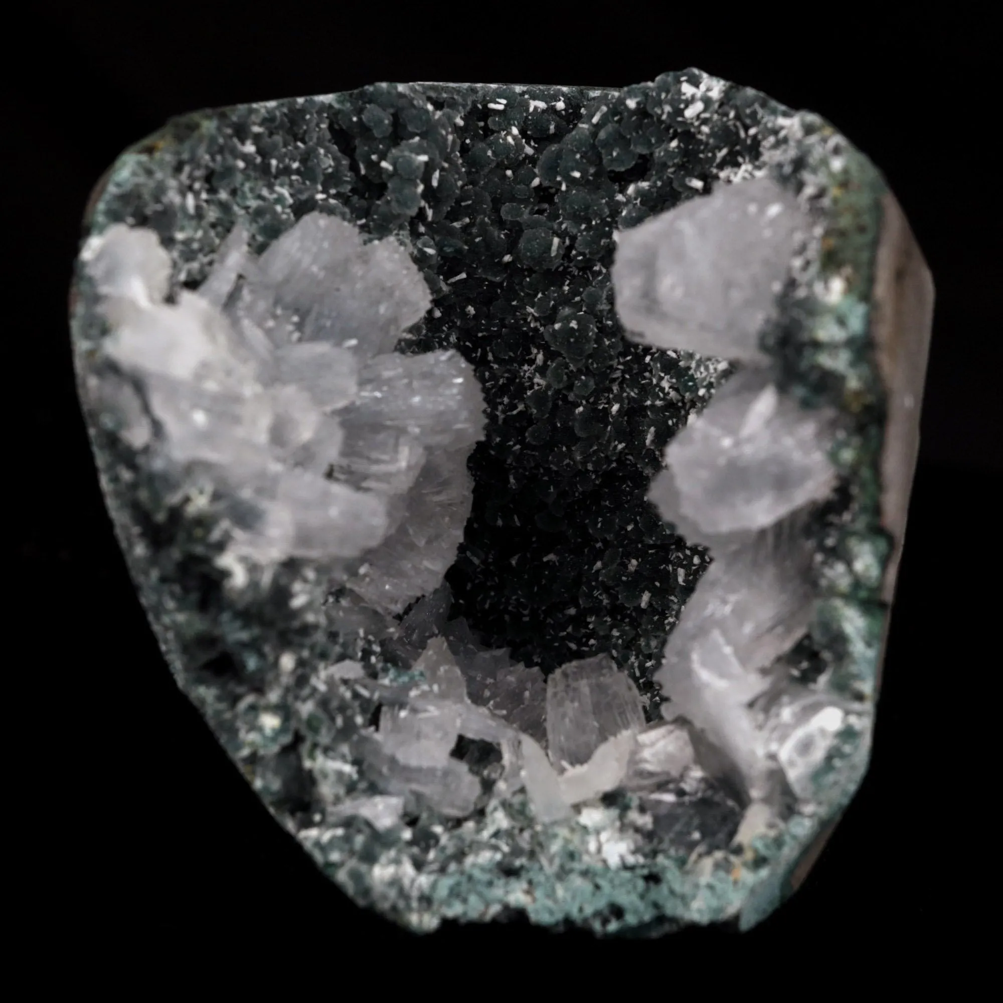 Epi-Stilbite Crystals Inside Black Chalcedony Geode Natural Mineral Specimen - image 1