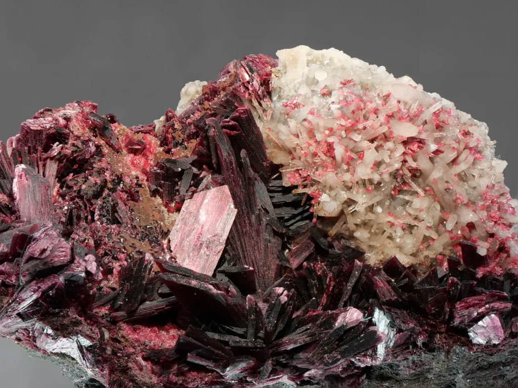 Erythrite from Morocco. Rich group of lanceolated tabular crystals of erythrite with very intense color on matrix with quartz crystals. - image 4