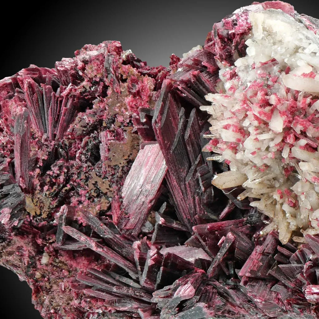 Erythrite from Morocco. Rich group of lanceolated tabular crystals of erythrite with very intense color on matrix with quartz crystals. - image 6