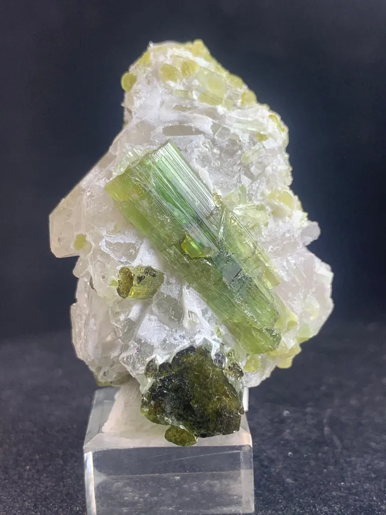 Exquisite Green Tourmaline Crystal Cluster on Quartz Matrix image