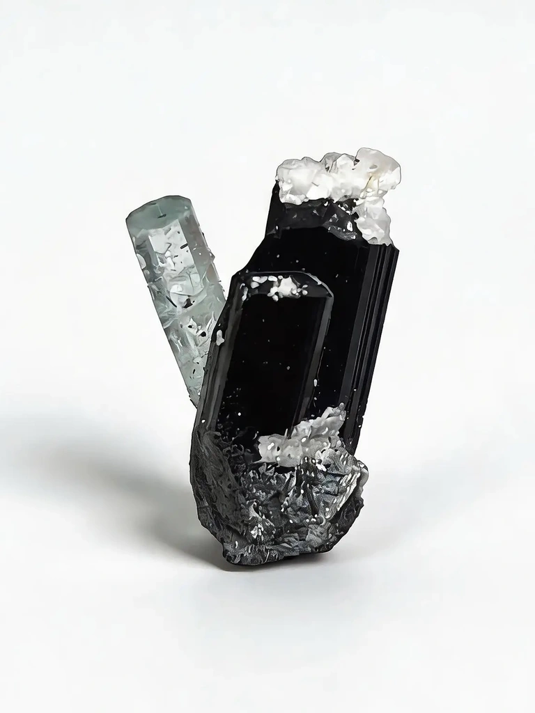 Aquamarine with Black Tourmaline Schorl Natural | Rare V-Shape Crystal Formation | Pakistan Mineral Collector Specimen