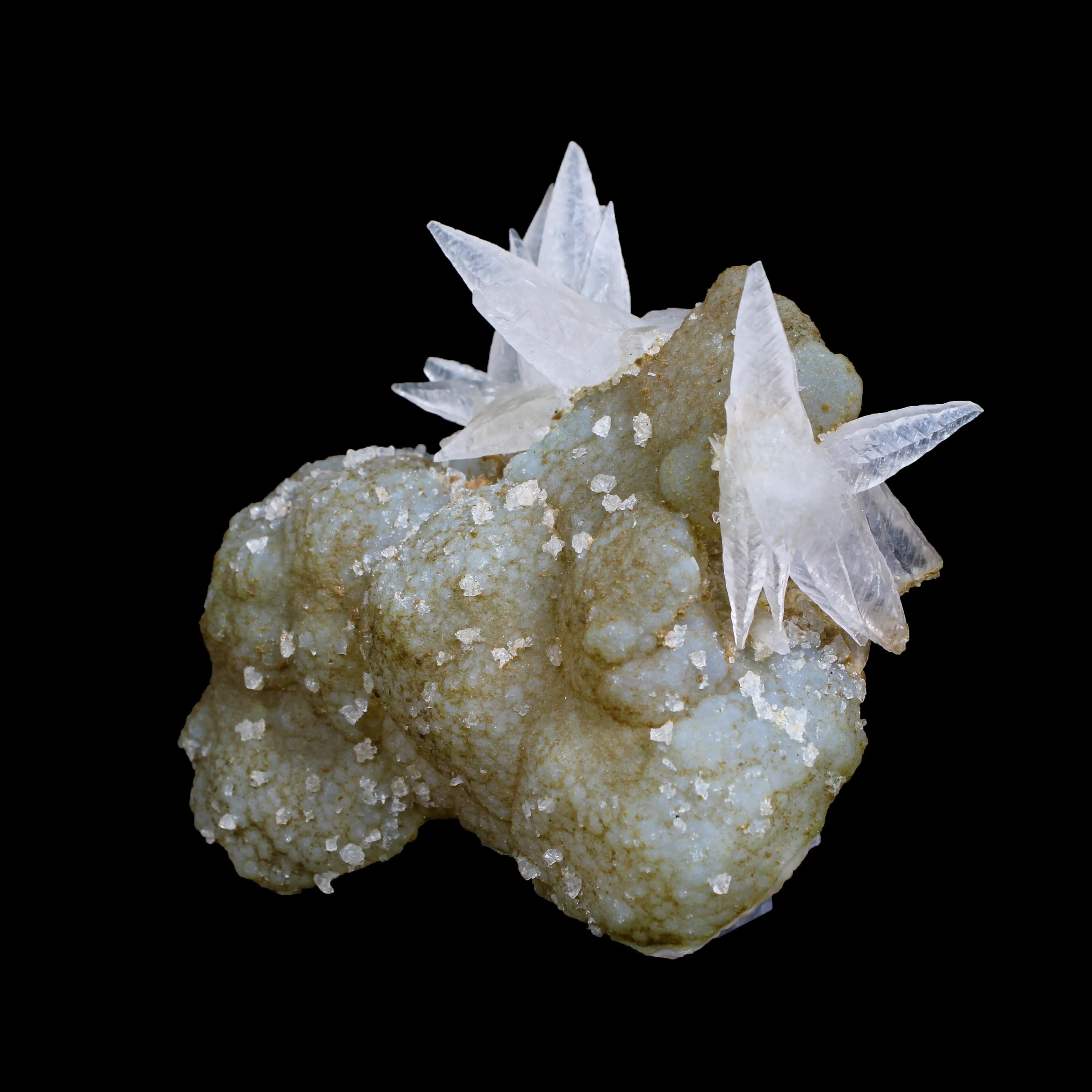 Fluorescent Dogtooth Calcite on Chalcedony-Coated Calcite Matrix – UV Reactive Natural Mineral Specimen from MadhyaPradesh, India - image 2