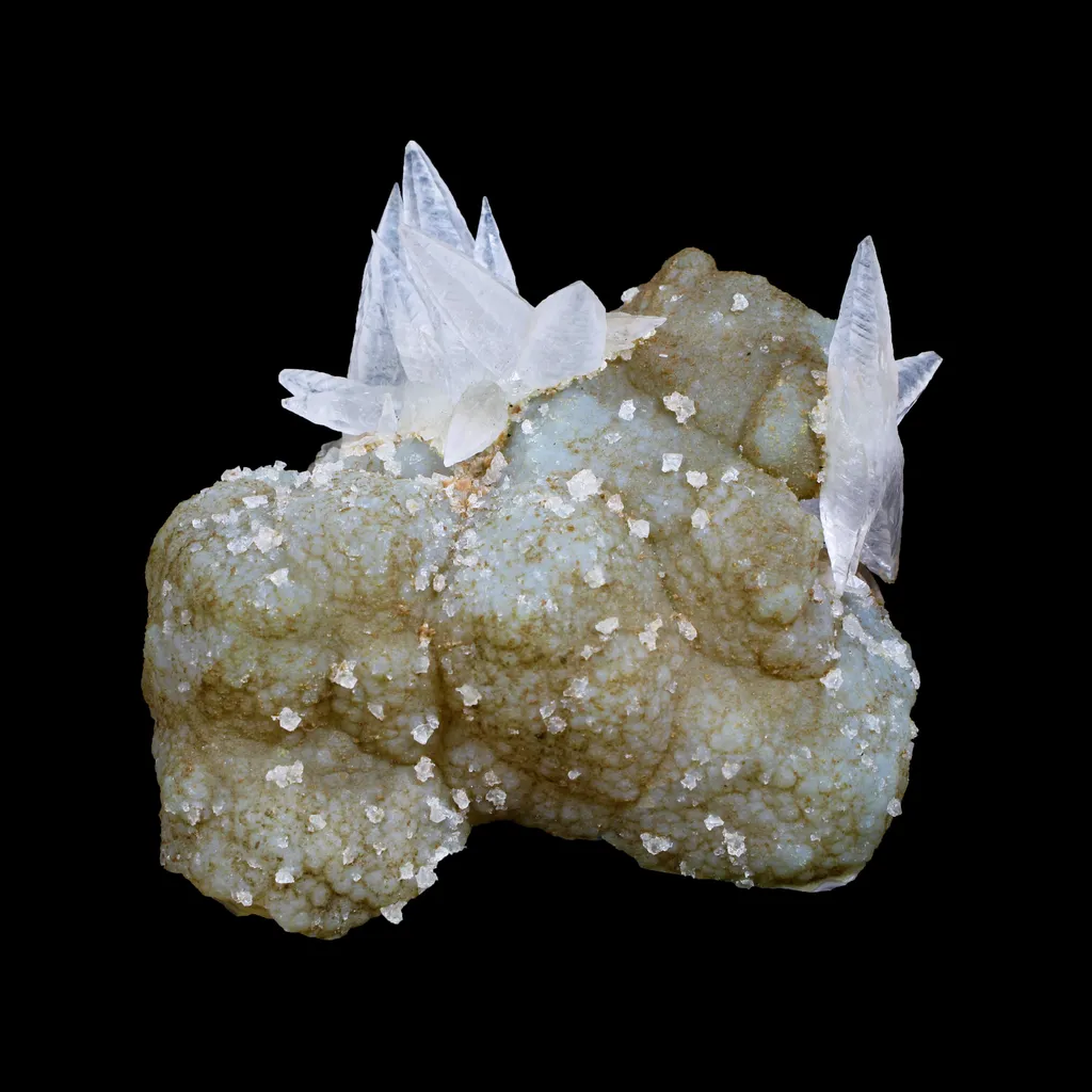 Fluorescent Dogtooth Calcite on Chalcedony-Coated Calcite Matrix – UV Reactive Natural Mineral Specimen from MadhyaPradesh, India image