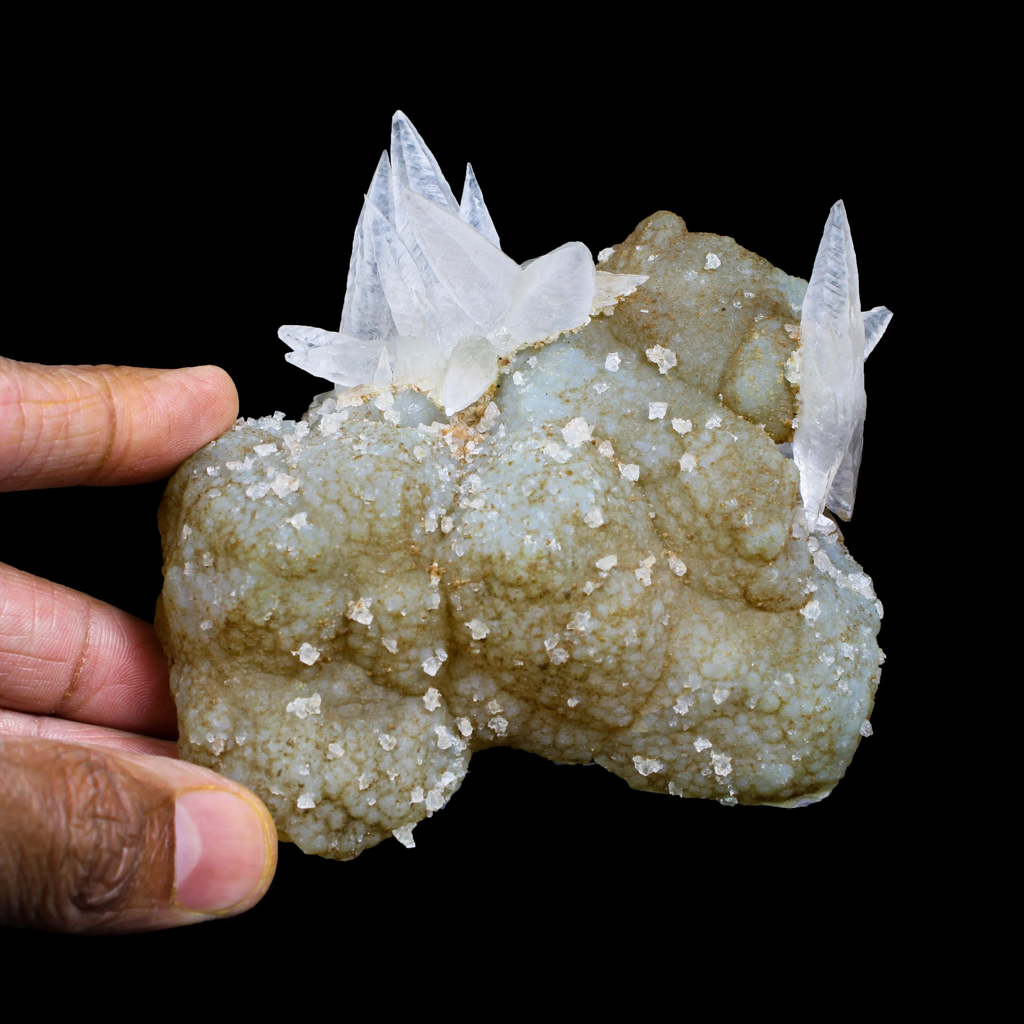 Fluorescent Dogtooth Calcite on Chalcedony-Coated Calcite Matrix – UV Reactive Natural Mineral Specimen from MadhyaPradesh, India - image 5