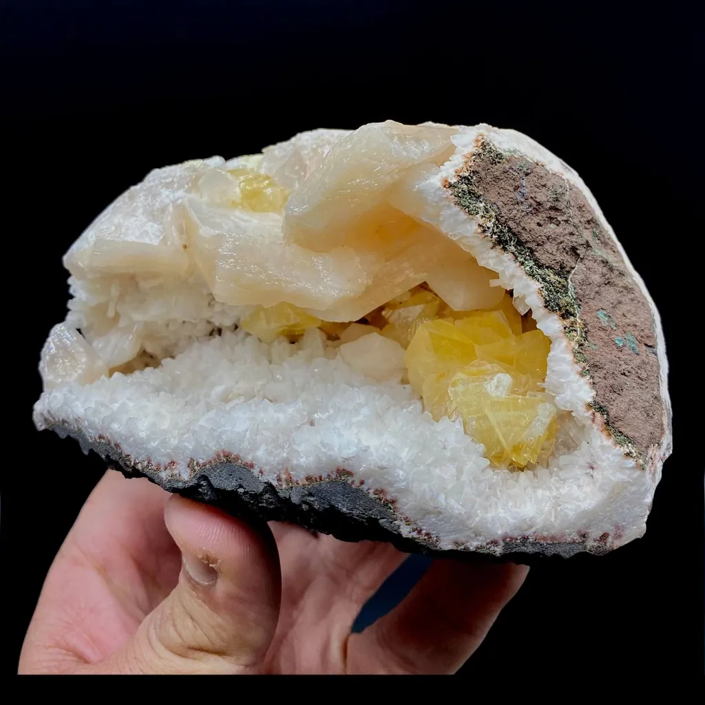 Fluorescent Powellite with Stilbite Inside Heuladnite Geode - image 3