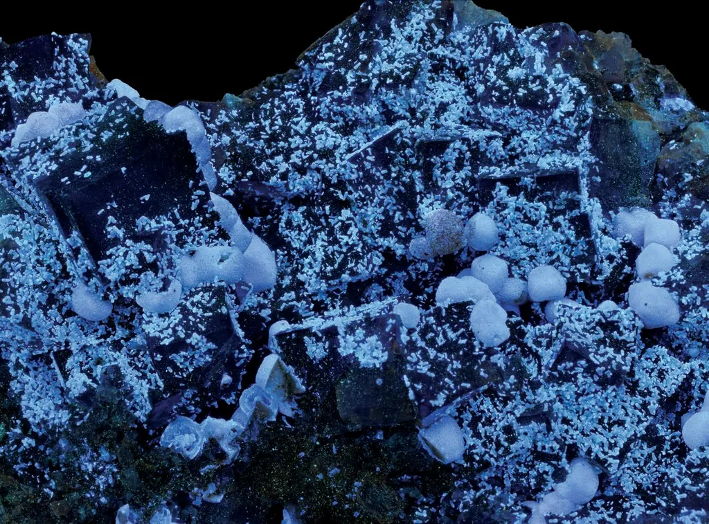 Fluorite, Greenockite, Smithsonite pseudomorphs after Calcite image