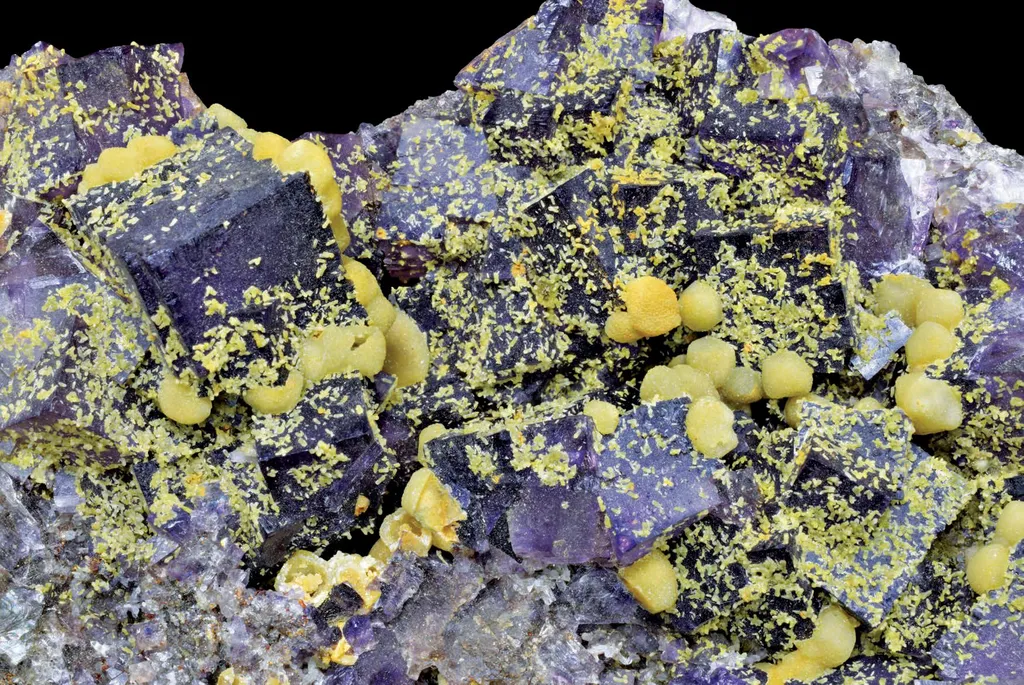 Fluorite, Greenockite, Smithsonite pseudomorphs after Calcite image