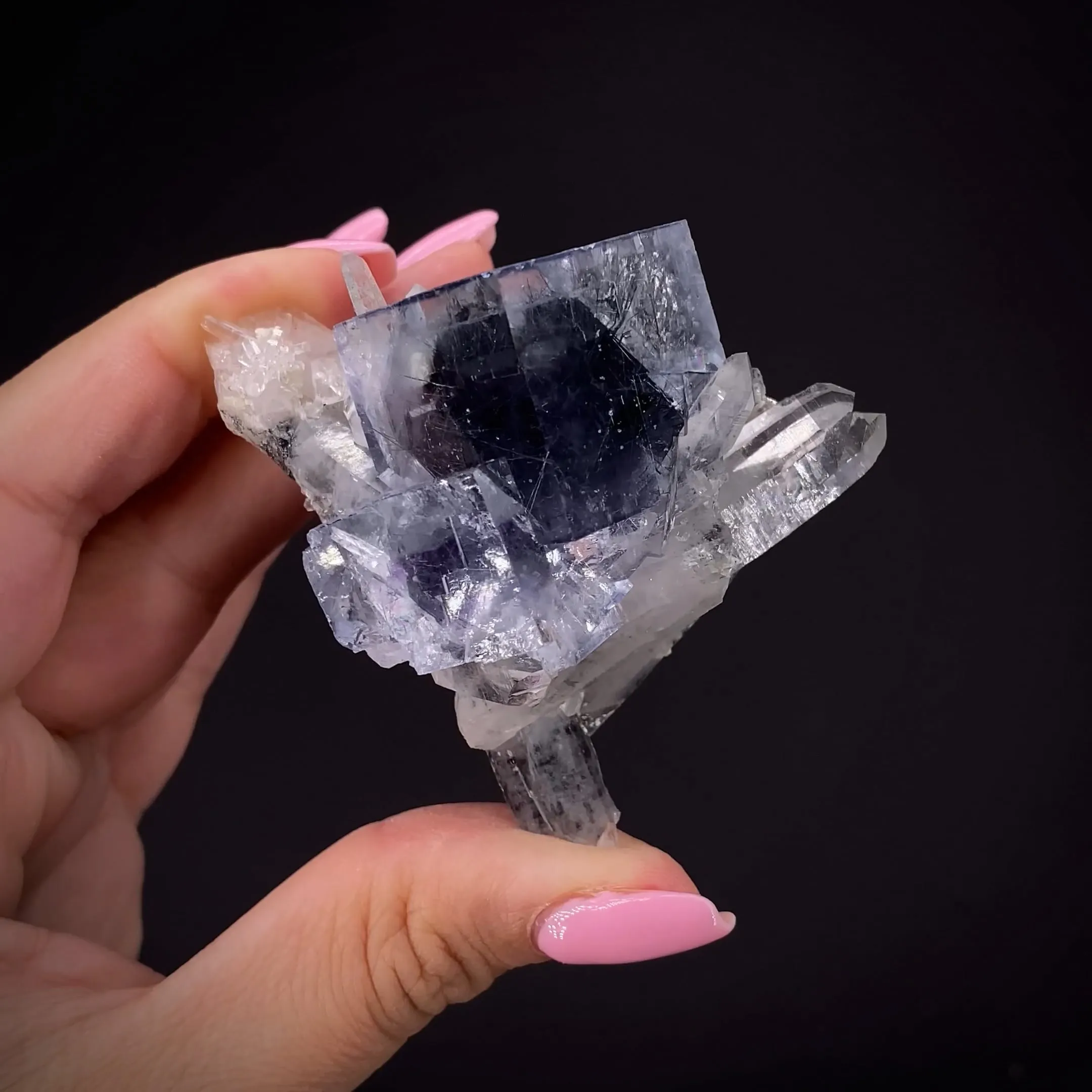 Fluorite included with Bismuthinite on Quartz - image 2