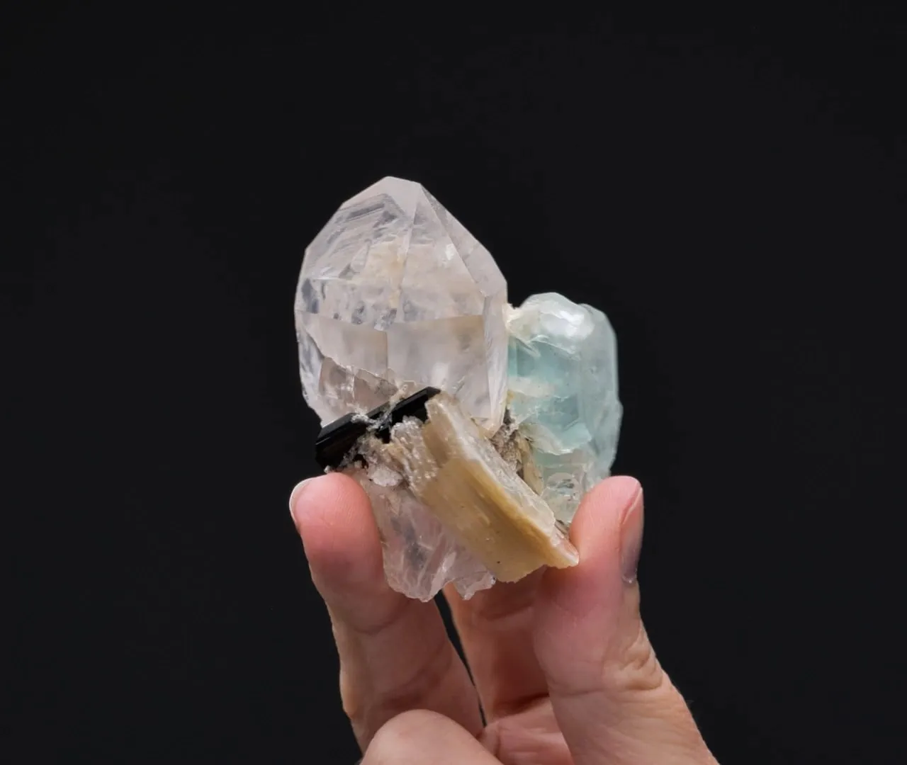 Fluorite with Muscovite and Elbaite on Quartz - image 2