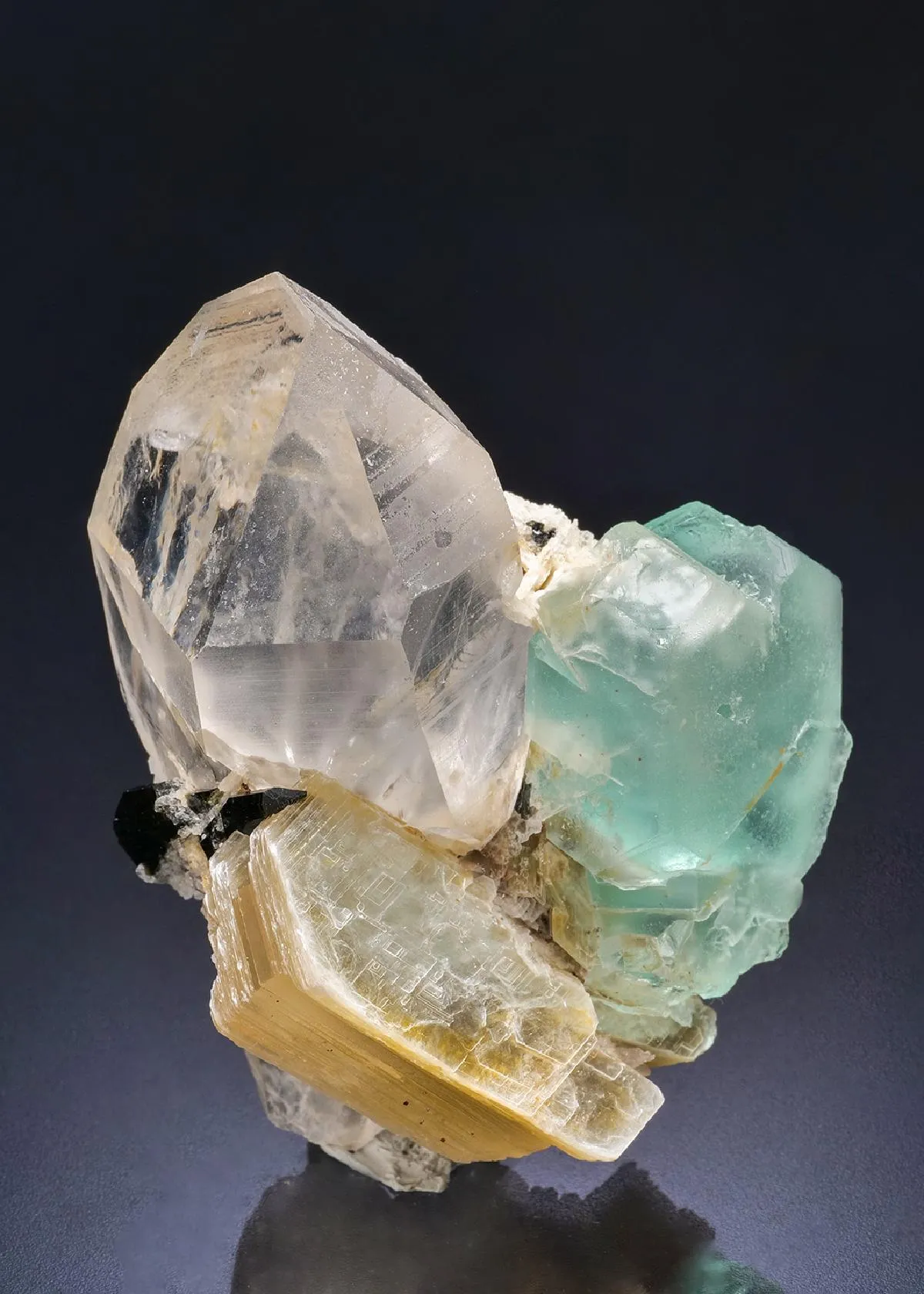 Fluorite with Muscovite and Elbaite on Quartz - image 1