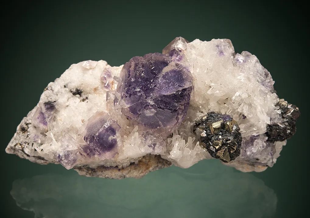 Fluorite with Pyrite and Tetrahedrite on Quartz image