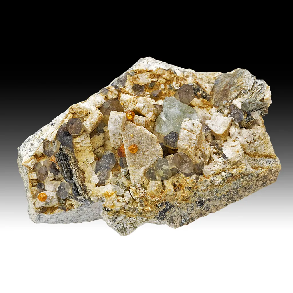 Fluorite with Quartz, Spessartine, Microcline image