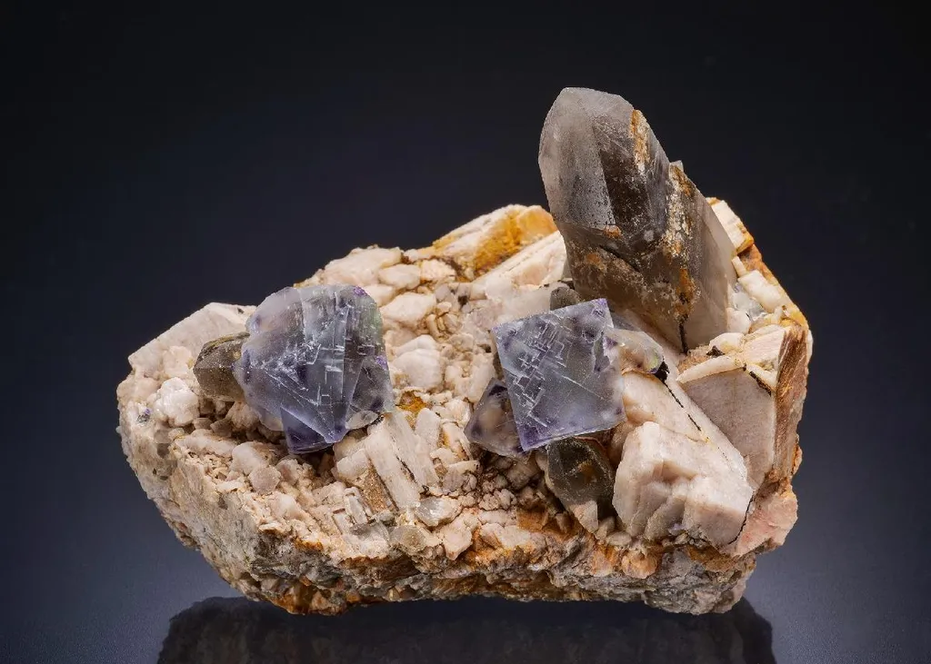 Fluorite with Smoky Quartz on Microcline