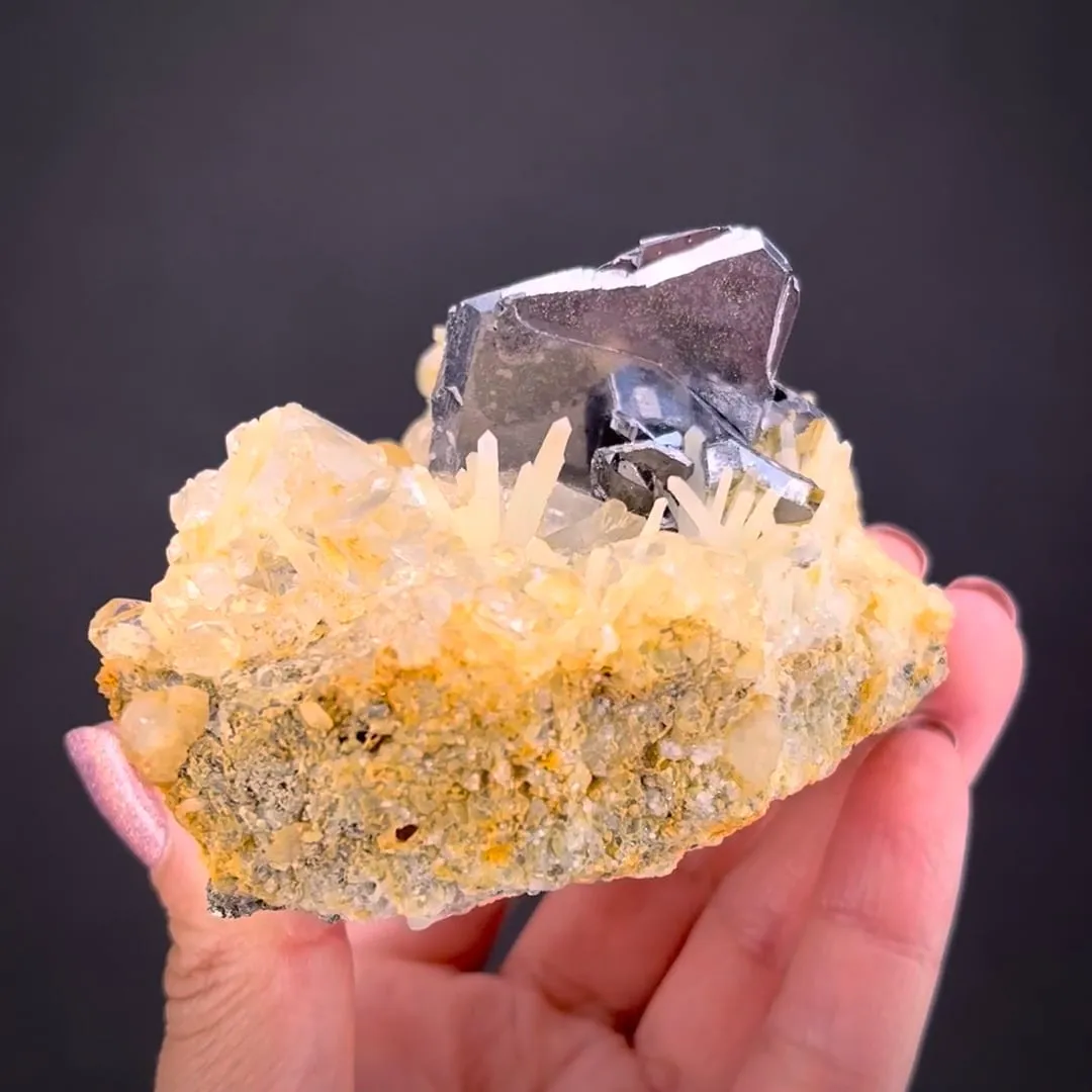 Galena (twinned) on Quartz with Fluorite & Calcite - image 2