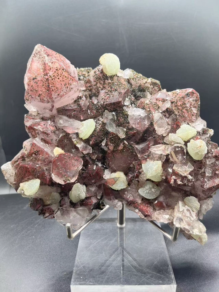 Garden Quartz (Hematite‑Stained Red Quartz) with Botryoidal Prehnite & Epidote, Hongxi Town, Meigu County, Liangshan, Sichuan Province, China image