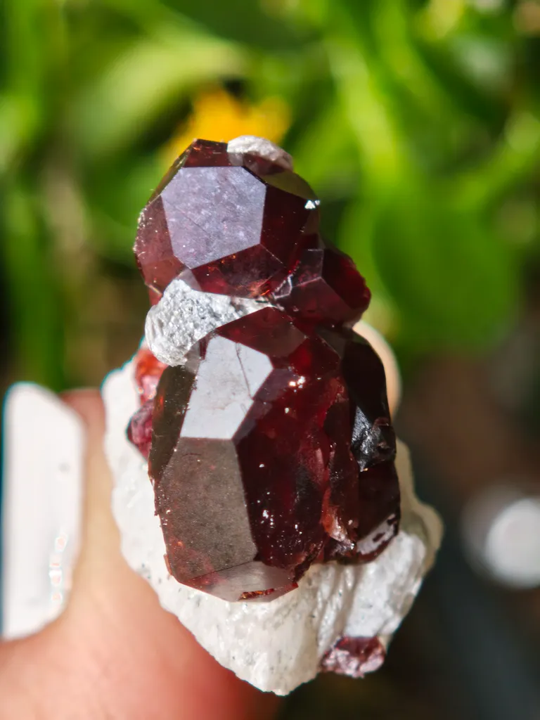 Garnet on Microcline from Skardu, Pakistan. Lustrous wine-red spessartine garnet crystals on matrix.  Great shape and amazing color contrast - image 5