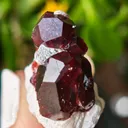 Garnet on Microcline from Skardu, Pakistan. Lustrous wine-red spessartine garnet crystals on matrix.  Great shape and amazing color contrast - image 5