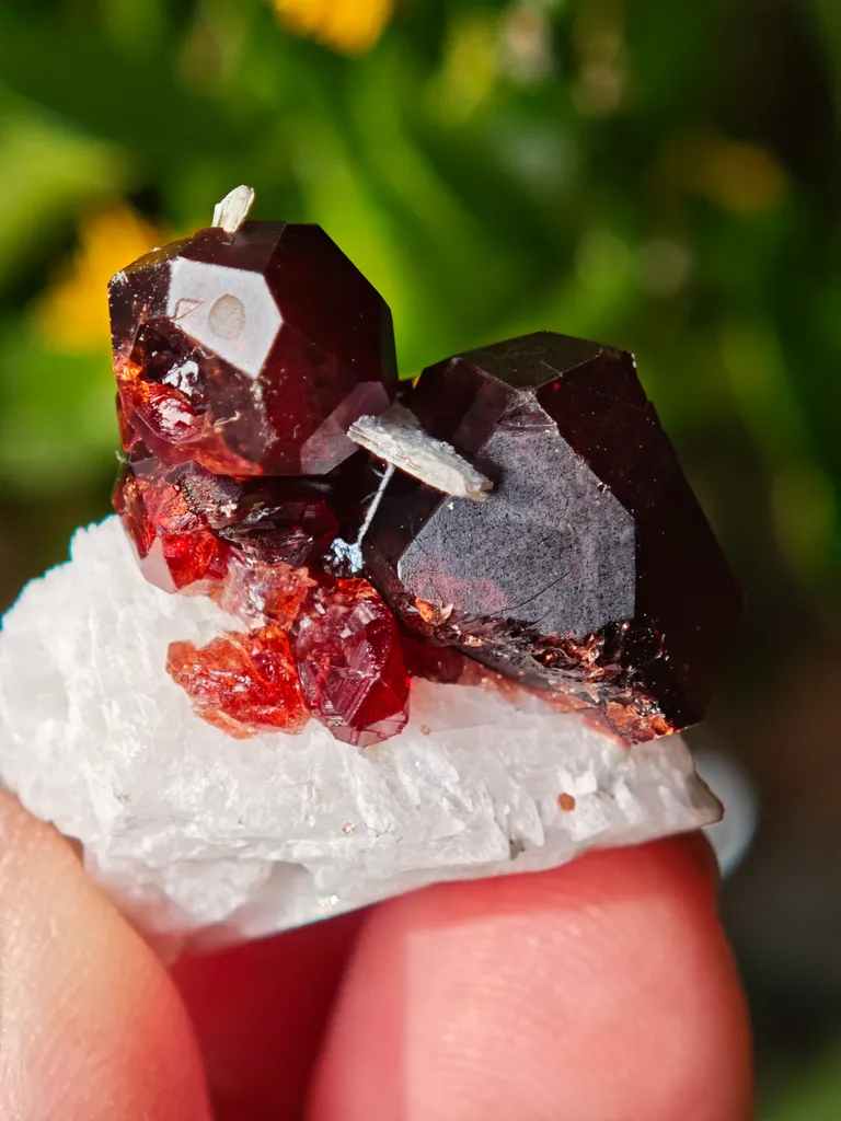Garnet on Microcline from Skardu, Pakistan. Lustrous wine-red spessartine garnet crystals on matrix.  Great shape and amazing color contrast image