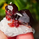 Garnet on Microcline from Skardu, Pakistan. Lustrous wine-red spessartine garnet crystals on matrix.  Great shape and amazing color contrast - image 1