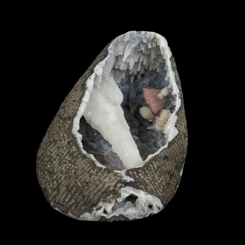 Gemmy Brown Heulandite with Coated Calcite Pillar & Chalcedony Stalactites in Natural Geode – Rare Zeolite Specimen image