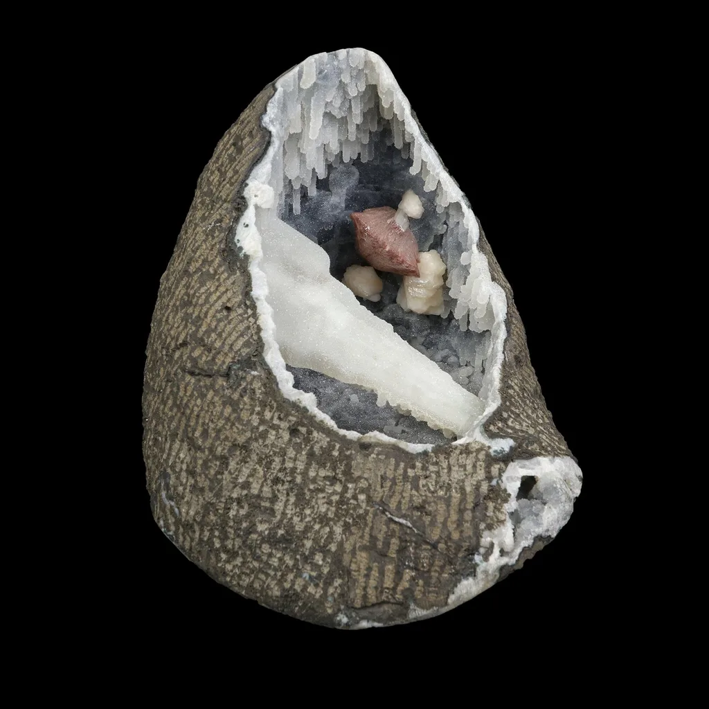 Gemmy Brown Heulandite with Coated Calcite Pillar & Chalcedony Stalactites in Natural Geode – Rare Zeolite Specimen - image 3