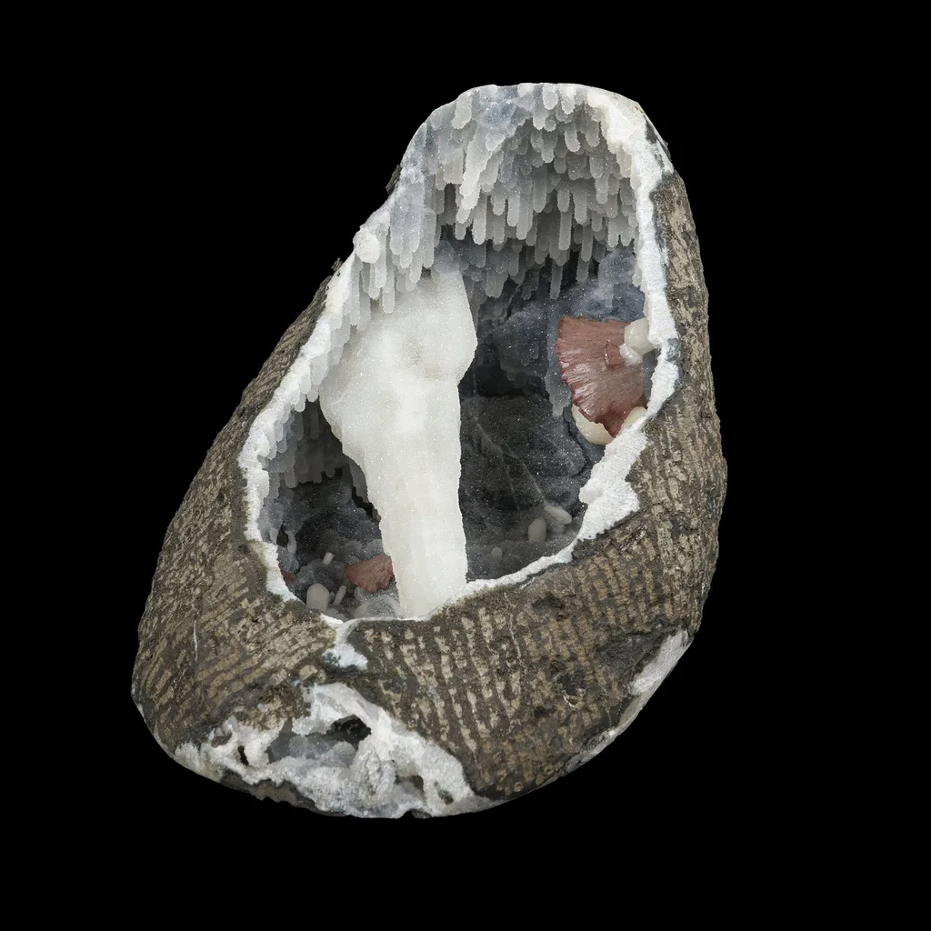 Gemmy Brown Heulandite with Coated Calcite Pillar & Chalcedony Stalactites in Natural Geode – Rare Zeolite Specimen - image 2