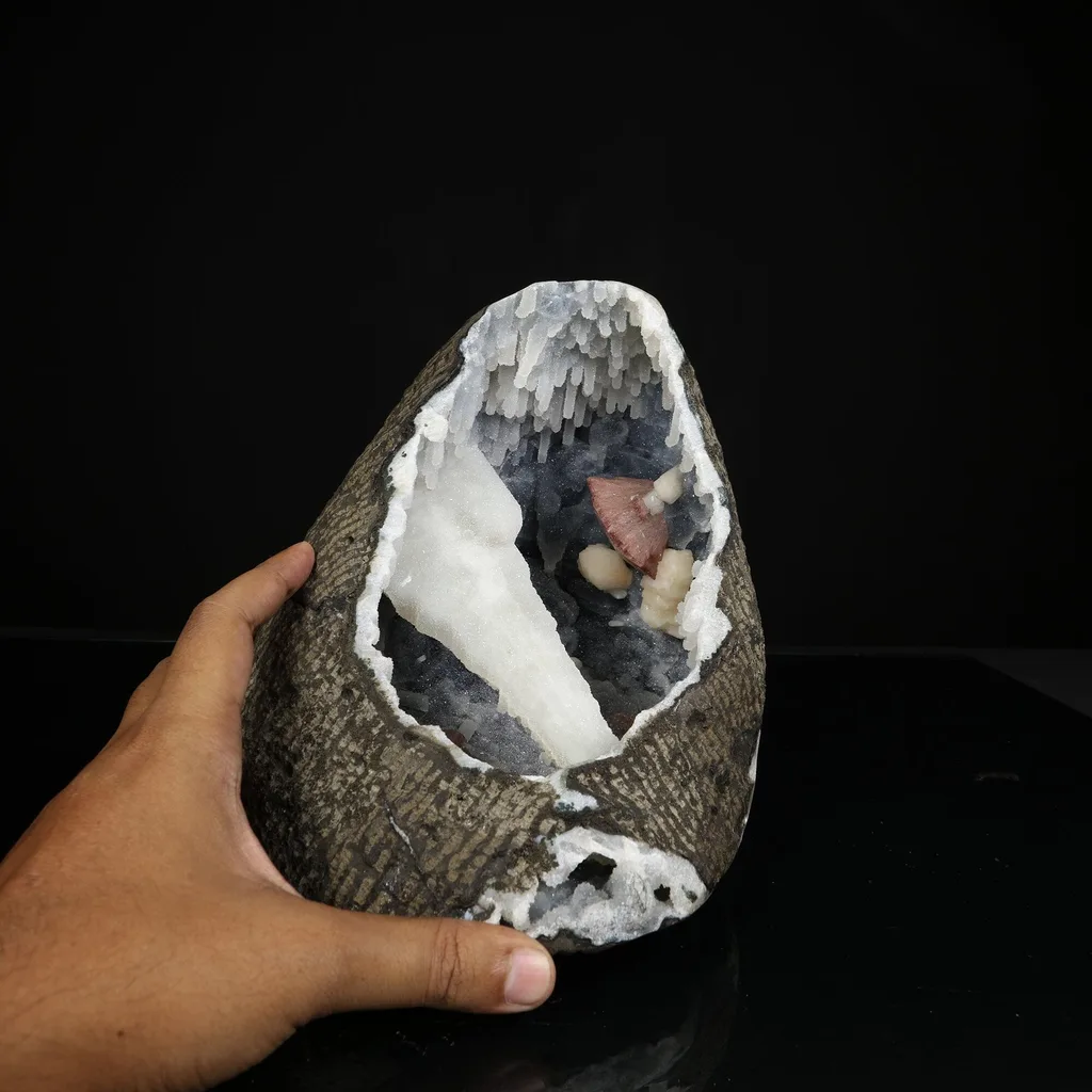 Gemmy Brown Heulandite with Coated Calcite Pillar & Chalcedony Stalactites in Natural Geode – Rare Zeolite Specimen - image 4