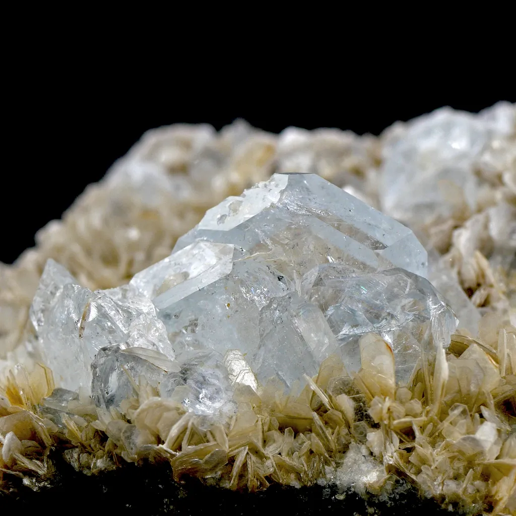 Goshenite with Muscovite from Xiebaoding, Sichuan, China. Fine cabinet specimen featuring glassy, tabular Goschenite image