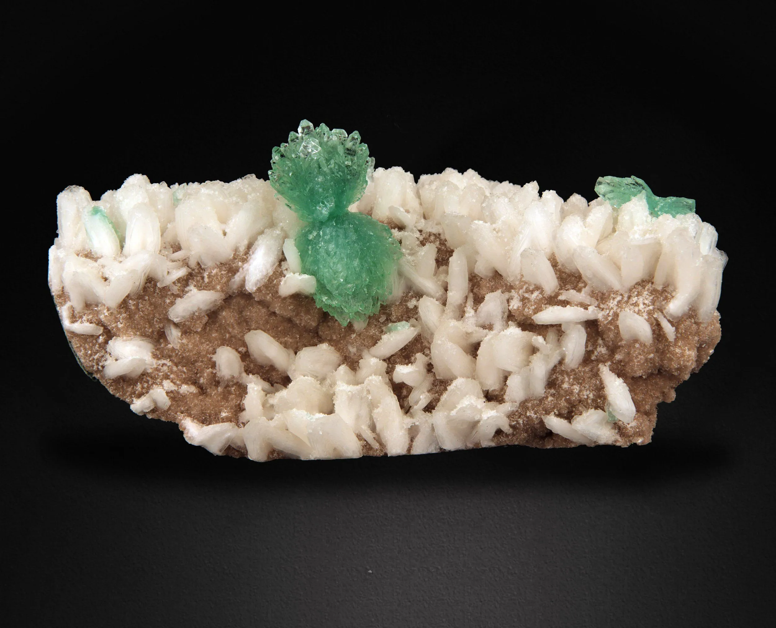 Green Apophyllite Bow Formation Mounted on Stilbite Heulandite Plate - image 3
