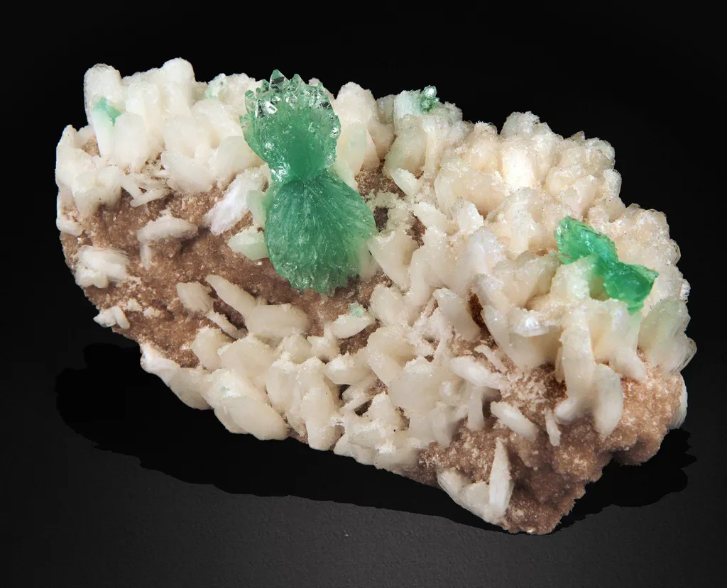 Green Apophyllite Bow Formation Mounted on Stilbite Heulandite Plate image
