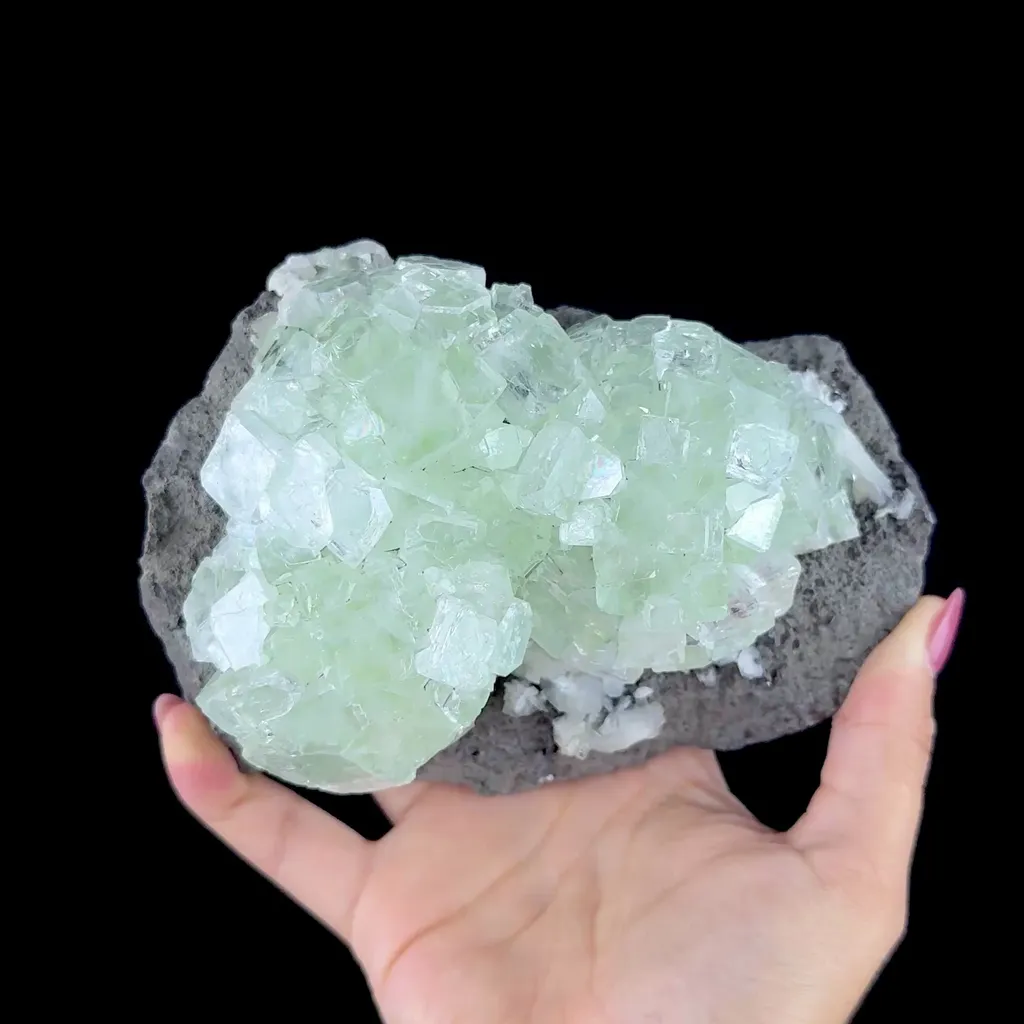 Green Apophyllite Cluster on Dark Matrix - Collector’s Zeolite Specimen from Ahilyanagar - image 2