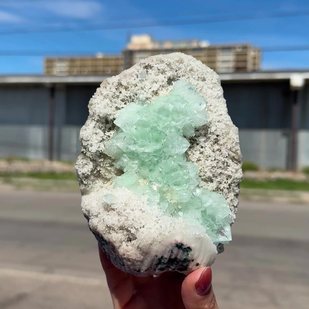 Green Apophyllite Crystal Cluster on Chalcedony Matrix – Rare Indian Zeolite Mineral Specimen - image 2