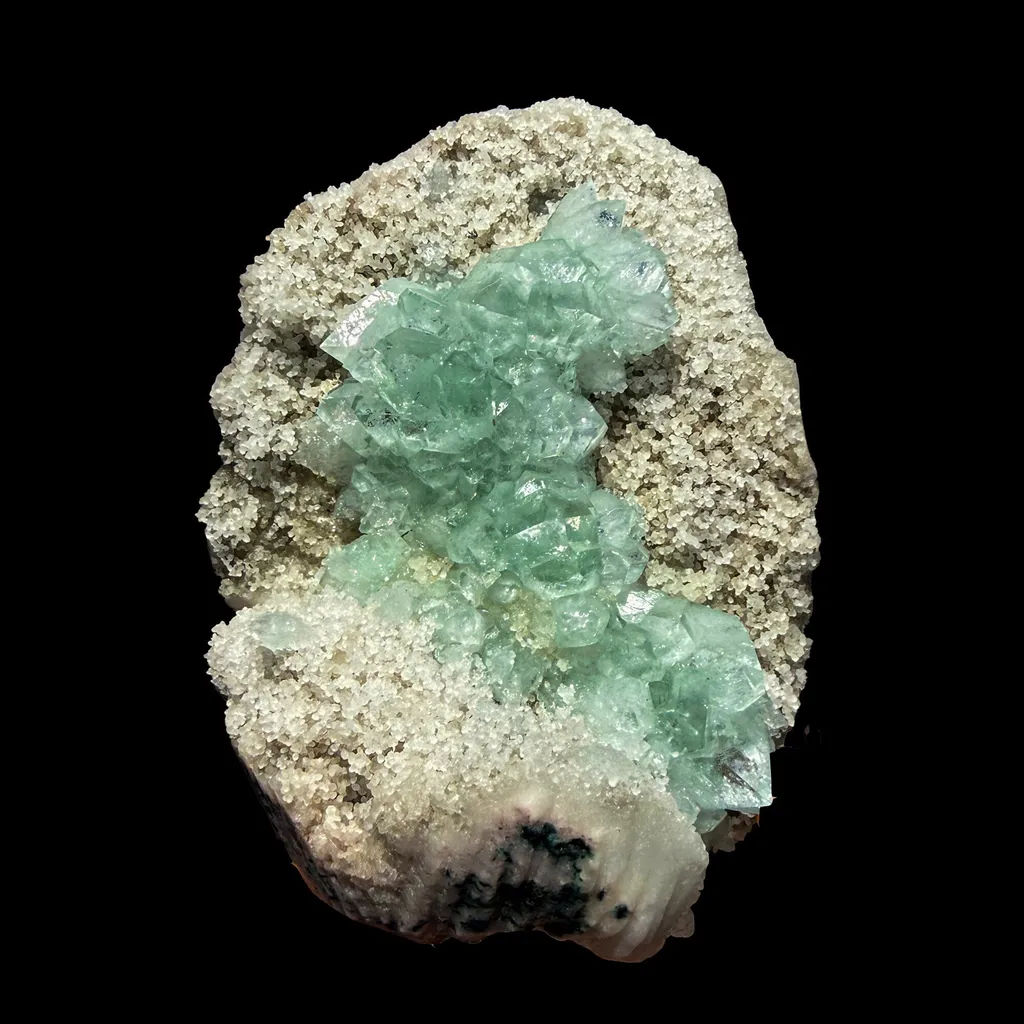 Green Apophyllite Crystal Cluster on Chalcedony Matrix – Rare Indian Zeolite Mineral Specimen image