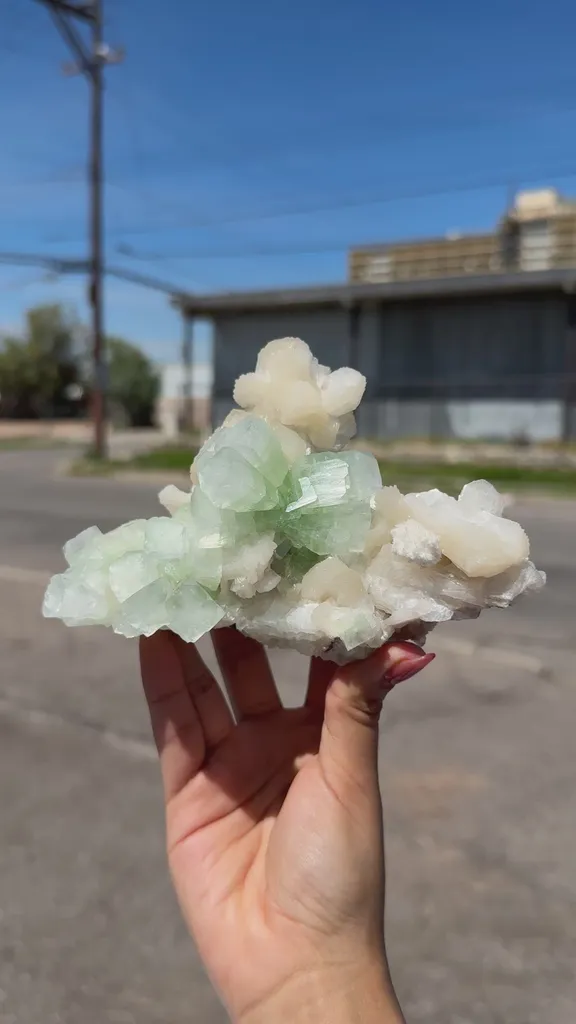 Green Apophyllite Crystal with Stilbite & Scolecite – Indian Zeolite Mineral from Nashik - image 2