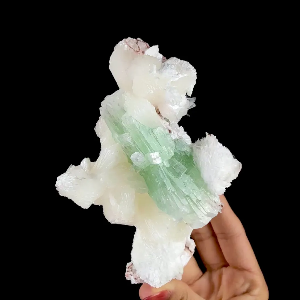 Green Apophyllite Crystal with Stilbite & Scolecite – Indian Zeolite Mineral from Nashik - image 2