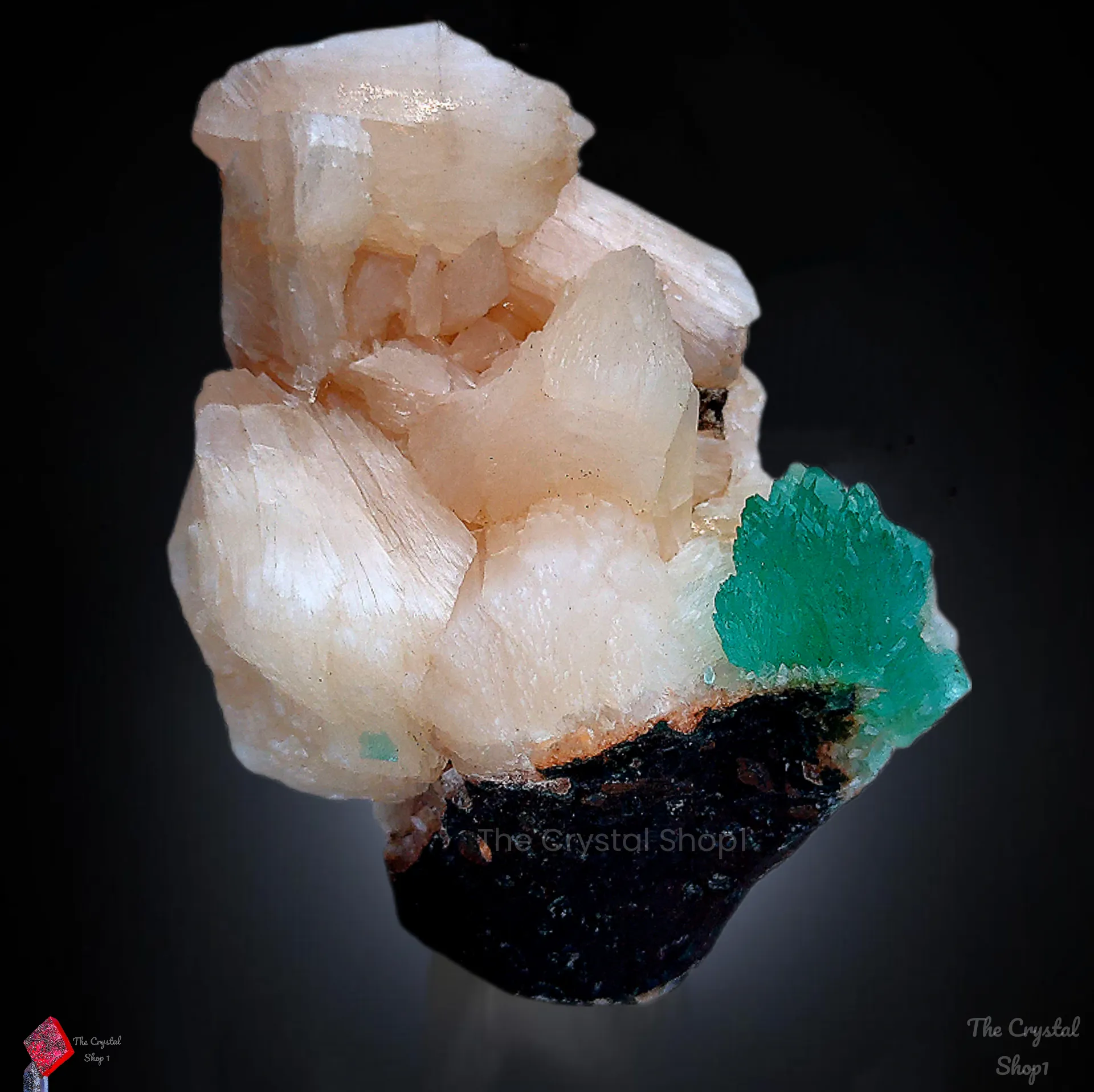 Green Apophyllite flower with Stilbite. - image 6