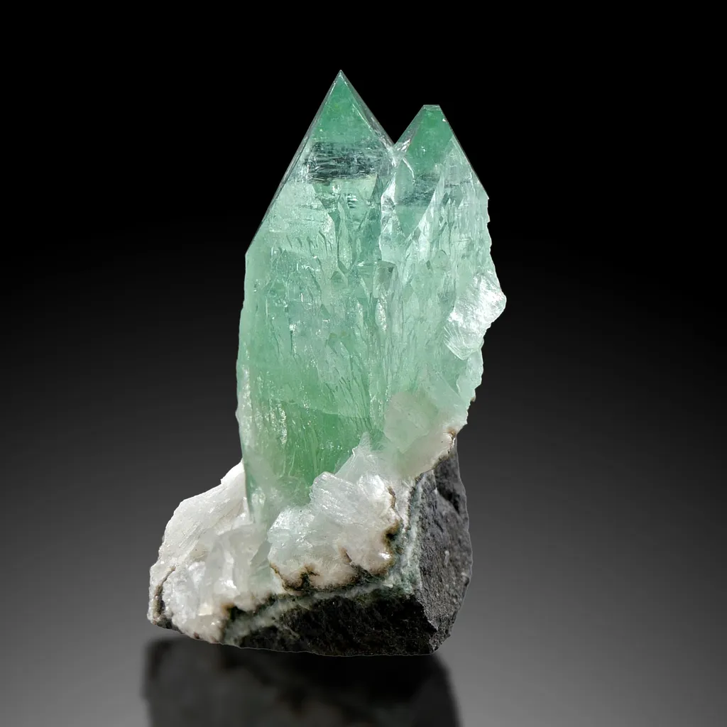 Green Apophyllite from Maharashtra, India. Glassy, transparent and lustrous crystals. Exhibits highly desirable deep color with stilbite - image 9