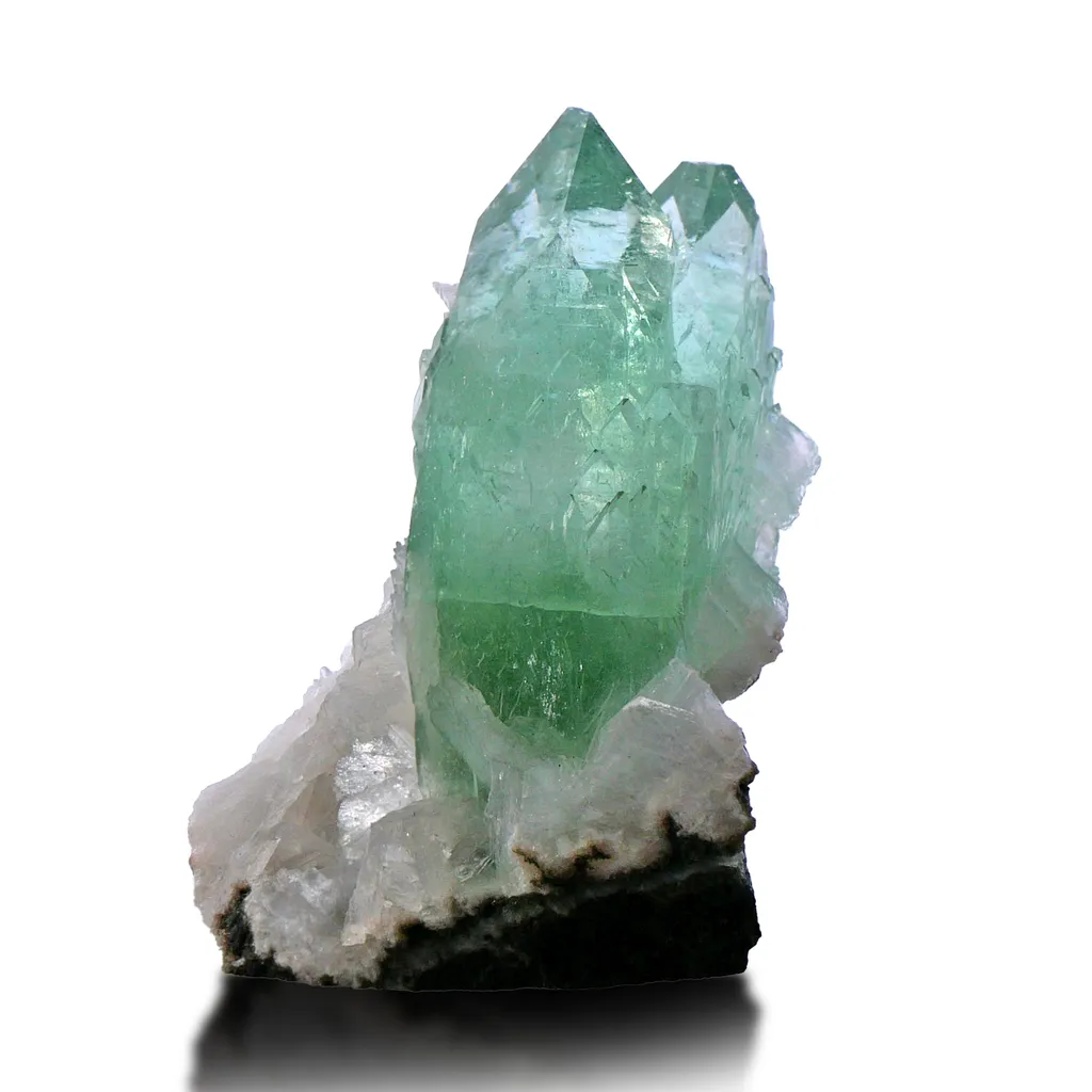 Green Apophyllite from Maharashtra, India. Glassy, transparent and lustrous crystals. Exhibits highly desirable deep color with stilbite - image 6