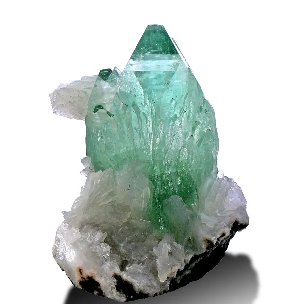 Green Apophyllite from Maharashtra, India. Glassy, transparent and lustrous crystals. Exhibits highly desirable deep color with stilbite - image 2