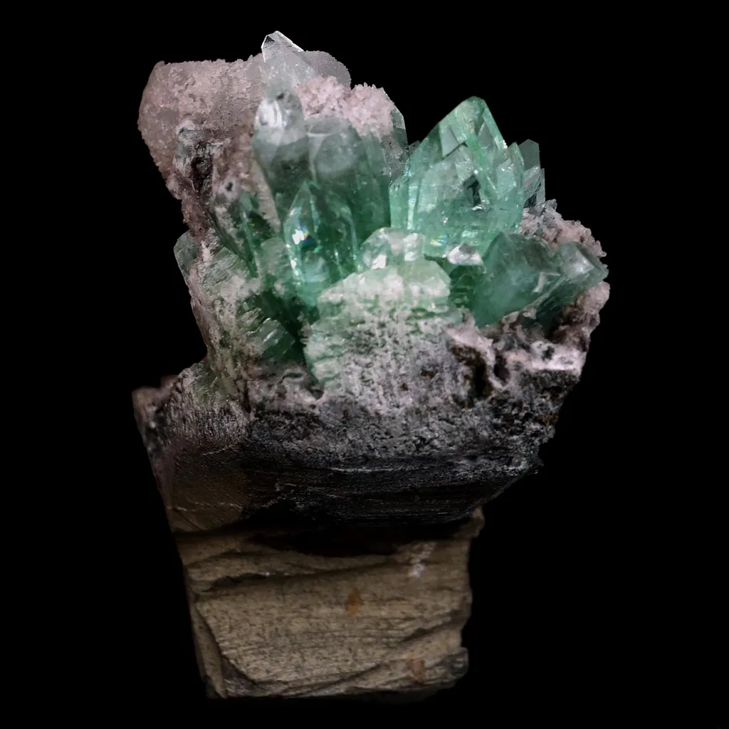 Green Apophyllite with Coated Calcite on Black Chalcedony Natural Mineral Specimen - image 4