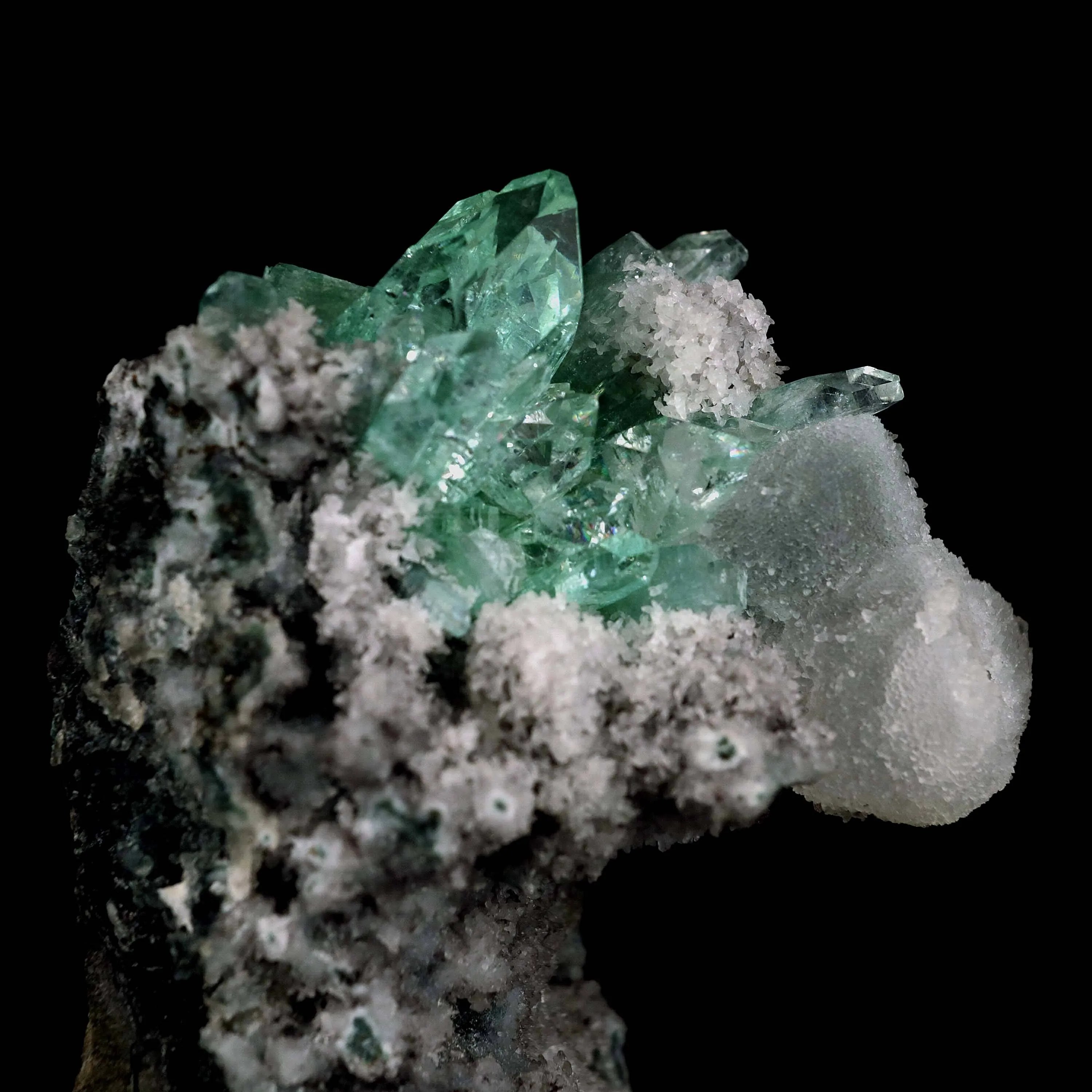 Green Apophyllite with Coated Calcite on Black Chalcedony Natural Mineral Specimen - image 6