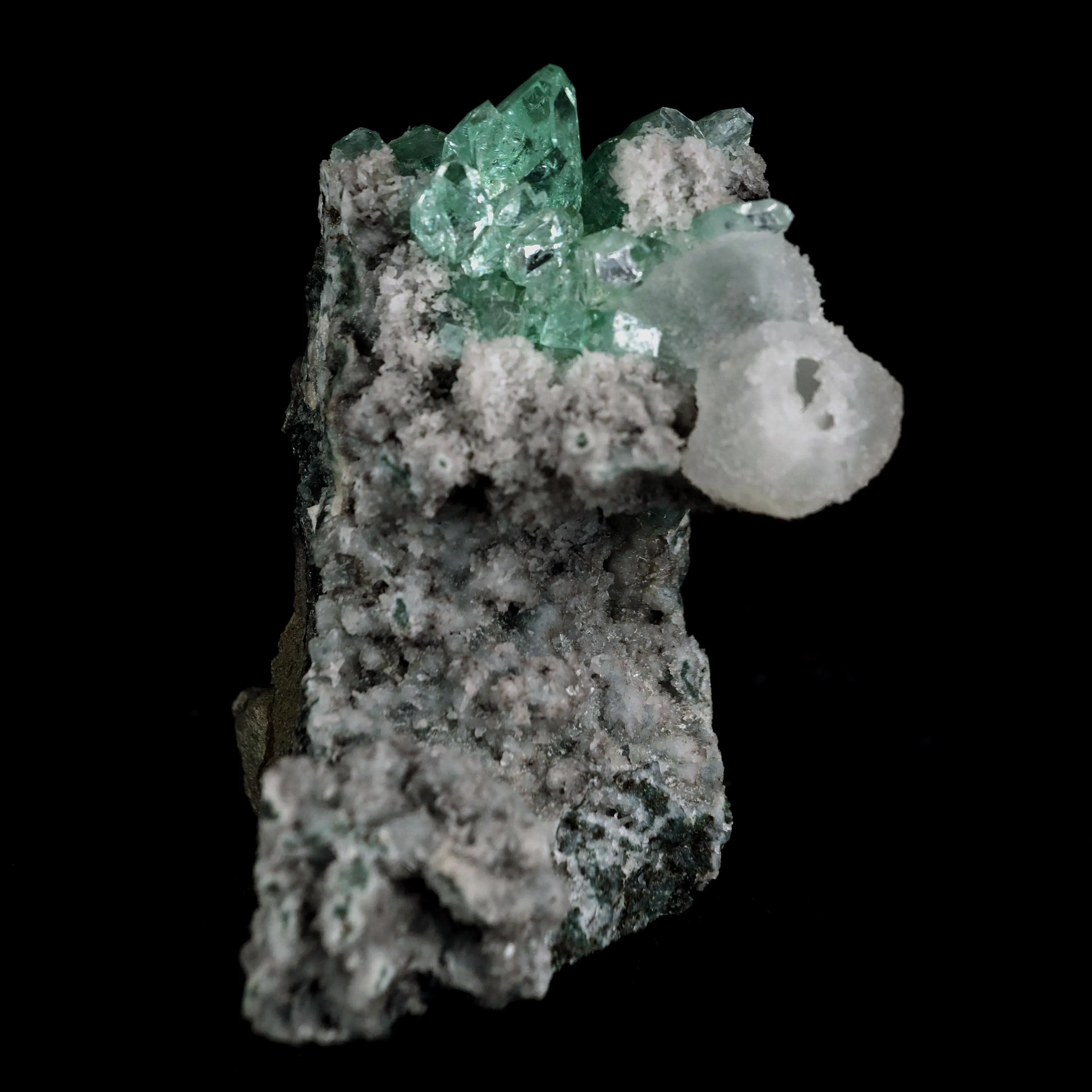 Green Apophyllite with Coated Calcite on Black Chalcedony Natural Mineral Specimen - image 3