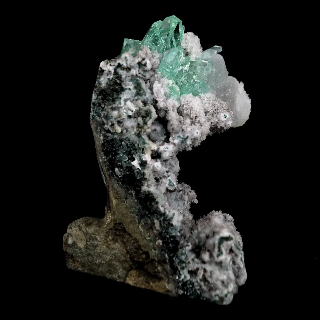 Green Apophyllite with Coated Calcite on Black Chalcedony Natural Mineral Specimen image