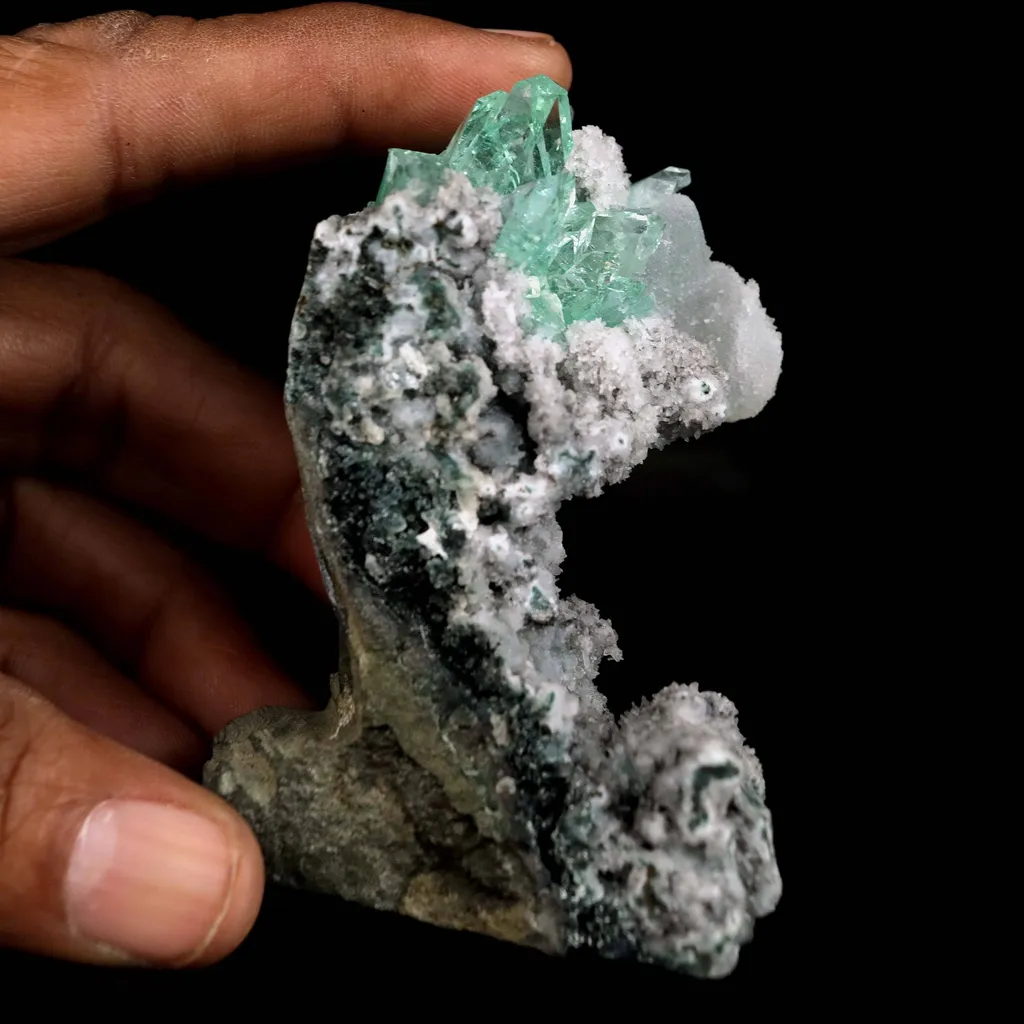 Green Apophyllite with Coated Calcite on Black Chalcedony Natural Mineral Specimen - image 5